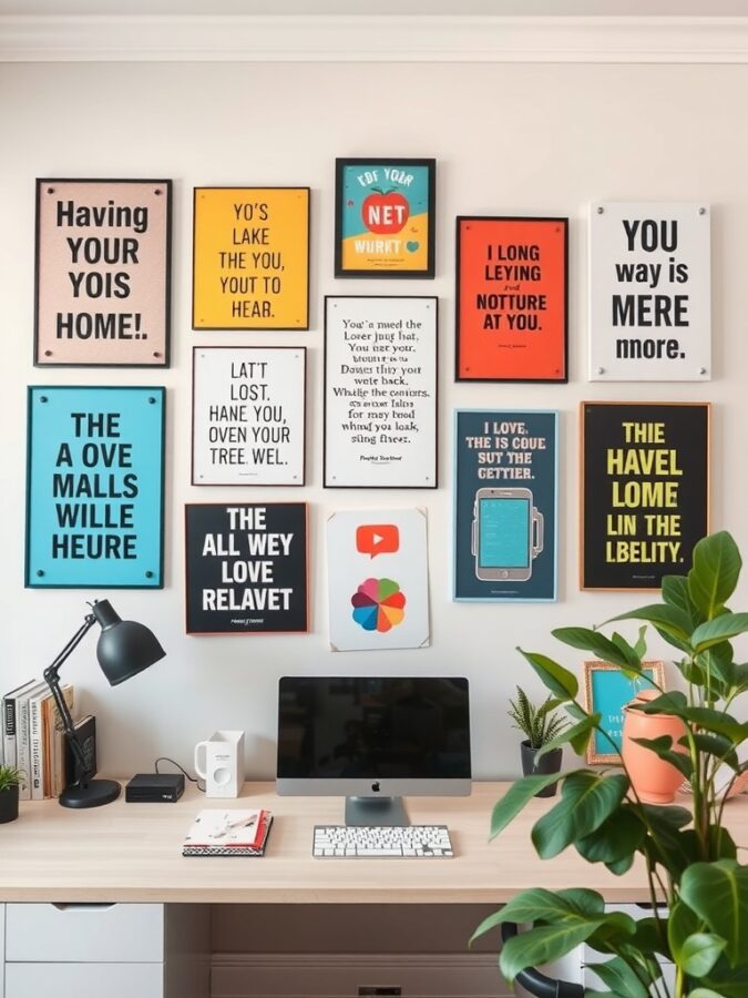 16 Inspiring Home Office Ideas for Enhanced Focus and Productivity 7 A collection of colorful wall art pieces with motivational phrases in a home office setting.