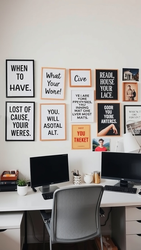 21 Creative Home Office Ideas to Boost Your Productivity 4 A home office wall featuring various framed art pieces with motivational quotes and personal touches.