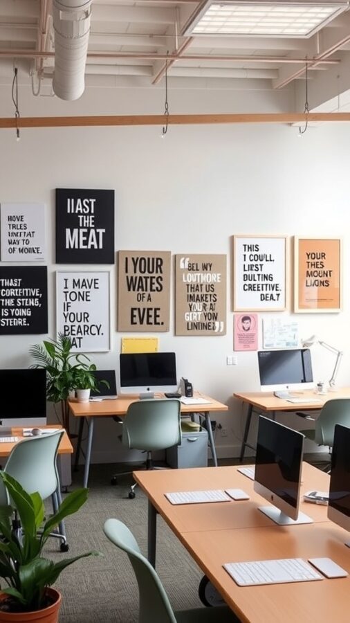 23 Creative Home Office Ideas for Shared Workspaces 14 A shared office space with motivational wall art and plants, featuring various creative phrases.