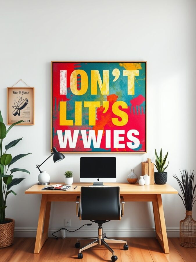 26 Cozy Home Office Ideas for Ultimate Comfort 13 A colorful wall art piece with bold text in a home office setting.