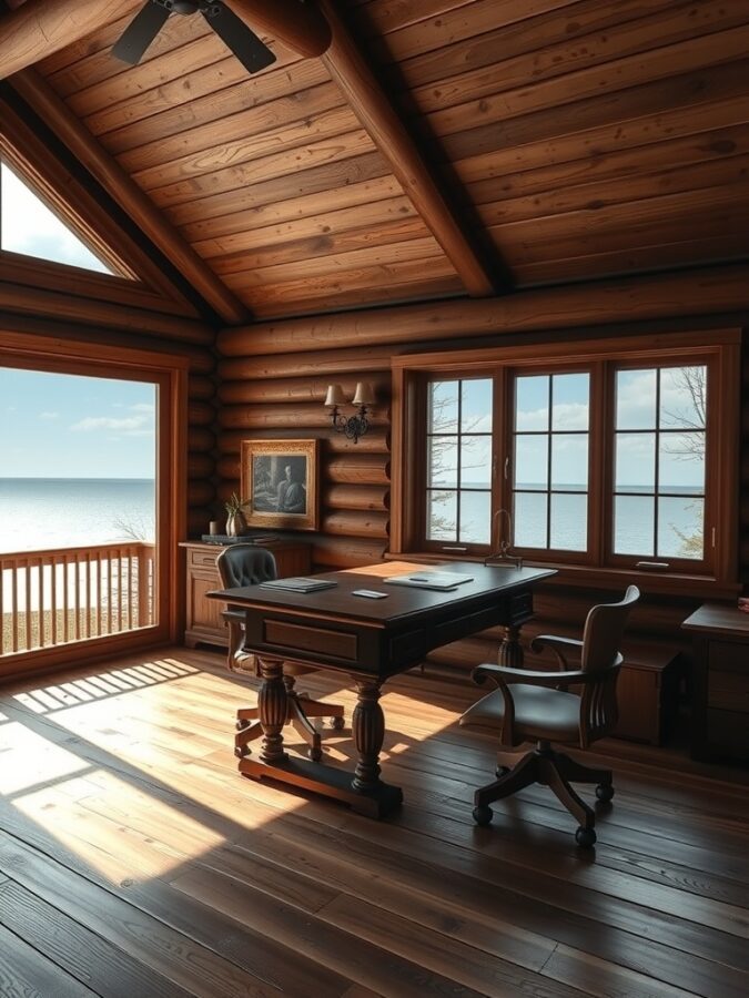 13 Inspiring Home Office Ideas with Stunning Views 5 A cozy lakeside cabin office with wooden beams, a desk, and large windows overlooking the lake.