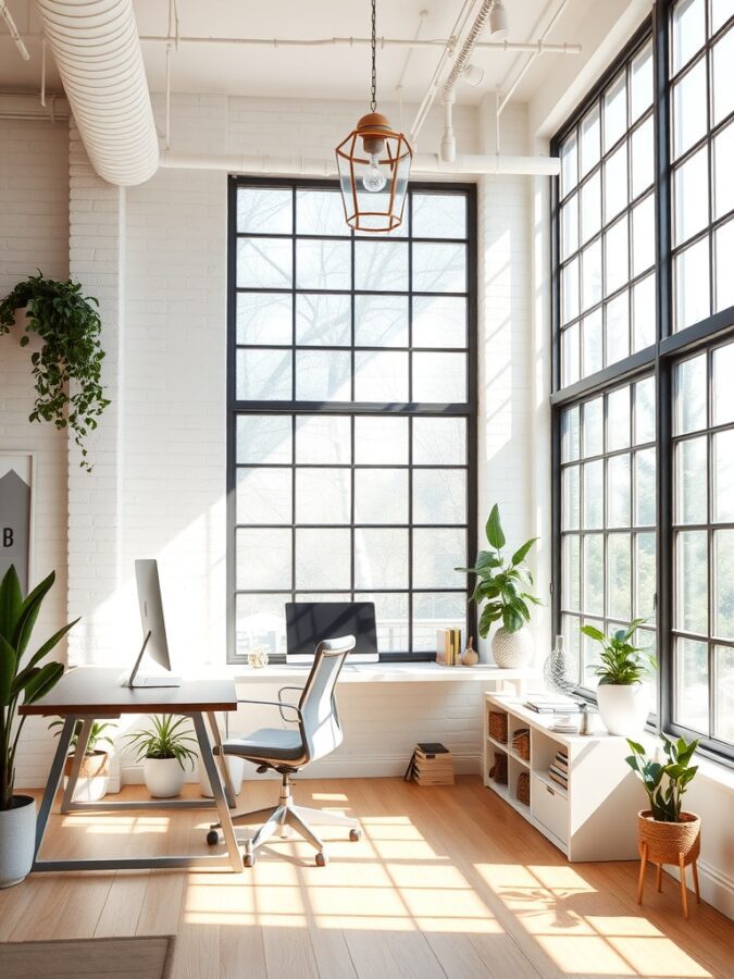 19 Inspiring Home Office Ideas with Industrial Flair 15 A bright home office with large windows, a wooden desk, and plants.