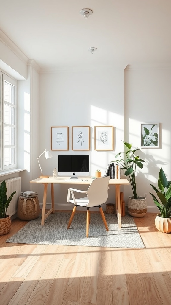 20 Minimalist Home Office Ideas for a Clutter-Free Workspace 19 A minimalist home office featuring a lightweight desk and chair, plants, and natural light.