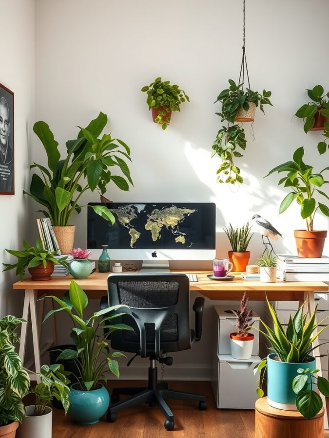 16 Vibrant Home Office Ideas to Brighten Your Workspace 8 A bright home office with various indoor plants, a wooden desk, and a modern computer setup.