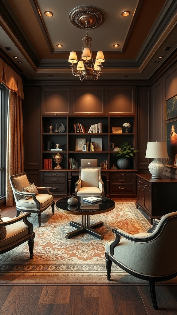 15 Inspiring Home Office Ideas to Match Every Personality 13 Luxurious home office with elegant furniture, warm lighting, and a sophisticated atmosphere.