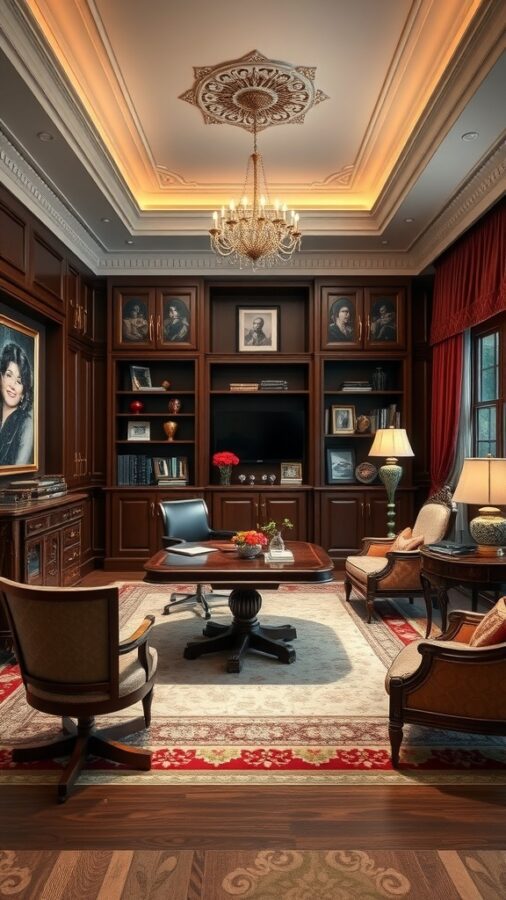 25 Stylish Home Office Ideas to Reflect Your Personality 17 Luxurious home office with wooden furniture, chandelier, and decorative bookshelves