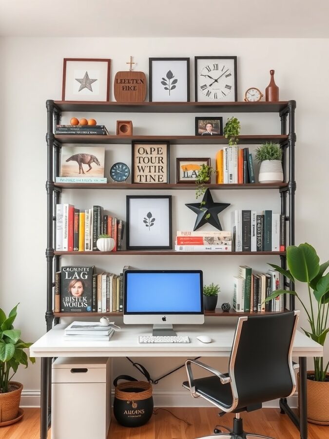 19 Inspiring Home Office Ideas with Industrial Flair 3 A home office with metal pipe shelving displaying books, plants, and decorative items.