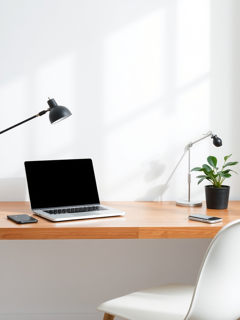 30 Inspiring Home Office Ideas for Remote Work Success 3 A minimalist desk setup featuring a laptop, smartphone, and a small potted plant on a wooden desk.