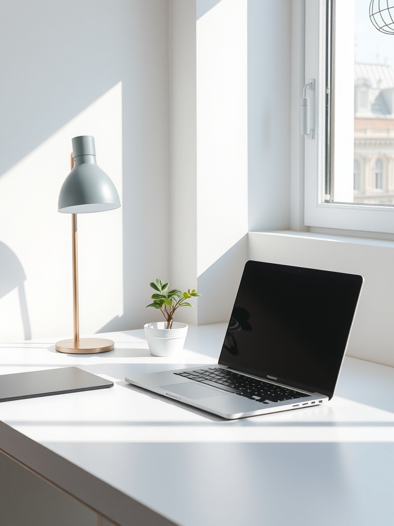20 Creative and Affordable Home Office Ideas for Any Budget 5 A minimalist desk setup featuring a laptop, a lamp, and a small plant by a window.