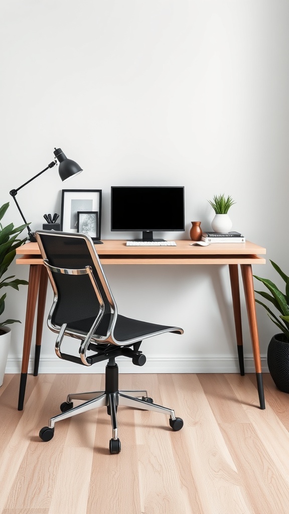 19 Inspiring Home Office Ideas You Need to Try 3 A minimalist desk setup featuring a wooden desk, a computer monitor, a desk lamp, and plants.