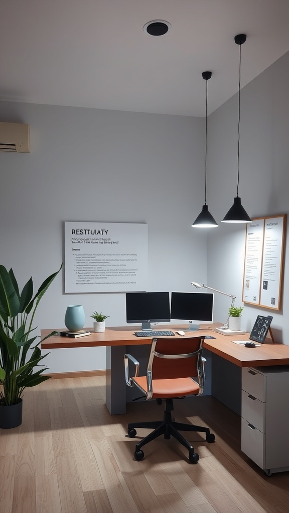 20 Minimalist Home Office Ideas for a Clutter-Free Workspace 21 A minimalist home office featuring modern pendant lights, a wooden desk, and plants.