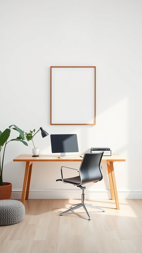 20 Minimalist Home Office Ideas for a Clutter-Free Workspace 18 A minimalist home office featuring a desk, a computer, and a blank frame on the wall.