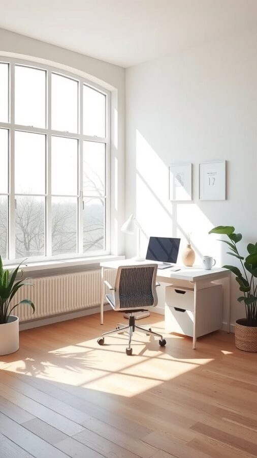 25 Stylish Home Office Ideas to Reflect Your Personality 6 A minimalist home office with a desk, chair, and large windows letting in natural light.