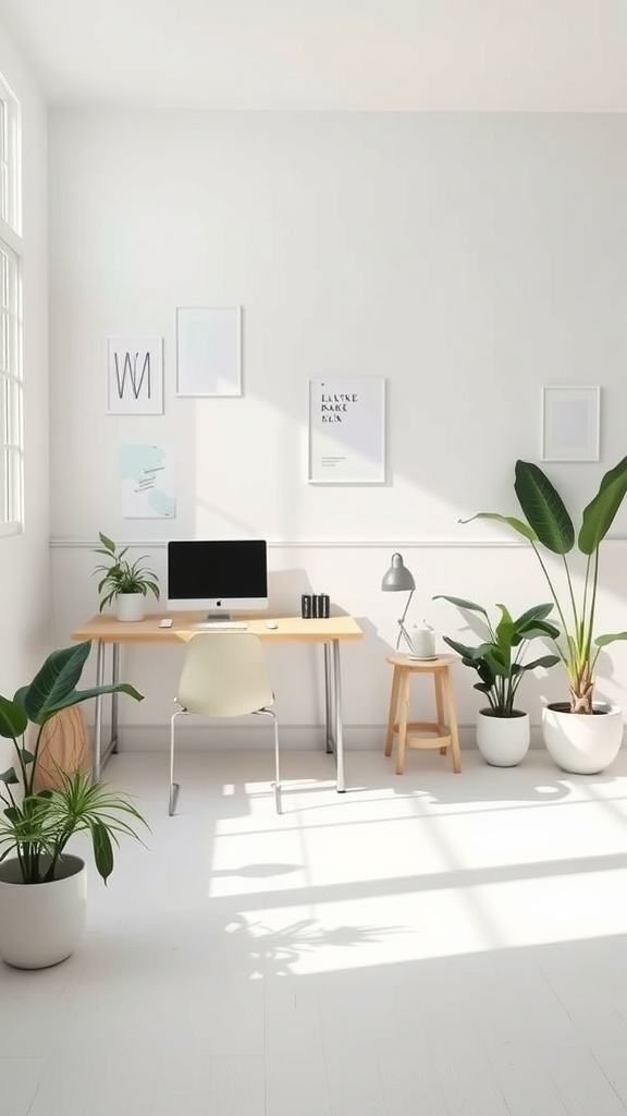 15 Inspiring Home Office Ideas to Match Every Personality 10 A minimalist home office with a desk, computer, and plants, featuring a bright and airy atmosphere.