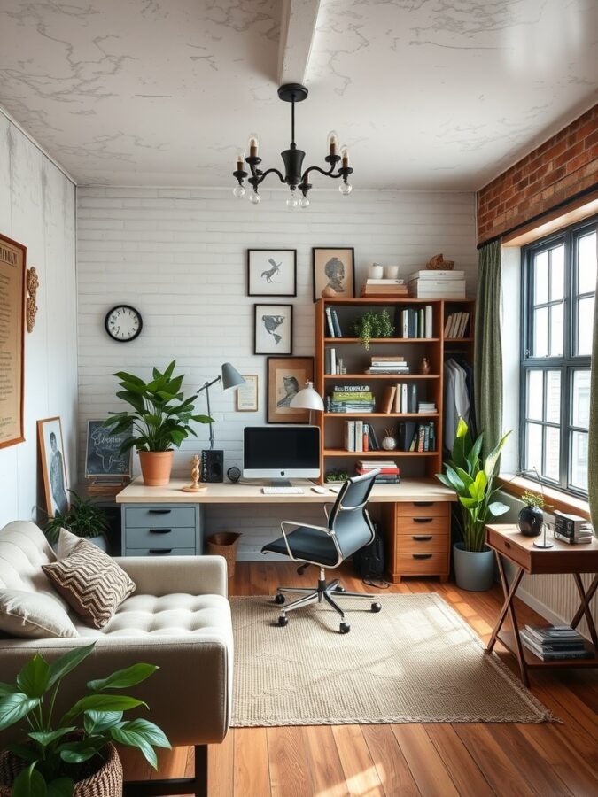 19 Inspiring Home Office Ideas with Industrial Flair 16 A stylish home office featuring a mix of modern and vintage elements, with a desk, ergonomic chair, plants, and vintage decor.