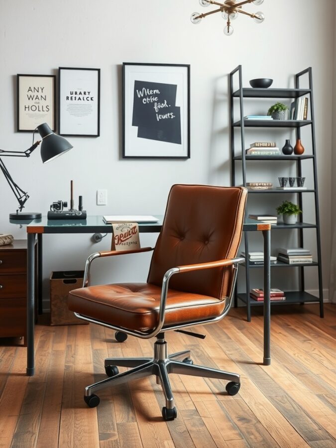 19 Inspiring Home Office Ideas with Industrial Flair 11 A stylish home office featuring a leather chair, metal desk, and industrial decor.