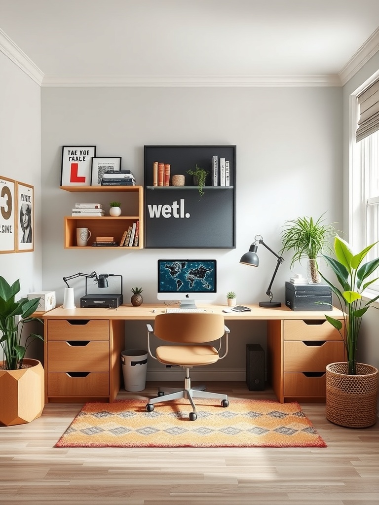 30 Inspiring Home Office Ideas for Remote Work Success 29 A cozy home office with a wooden desk, computer, plants, and decorative items.
