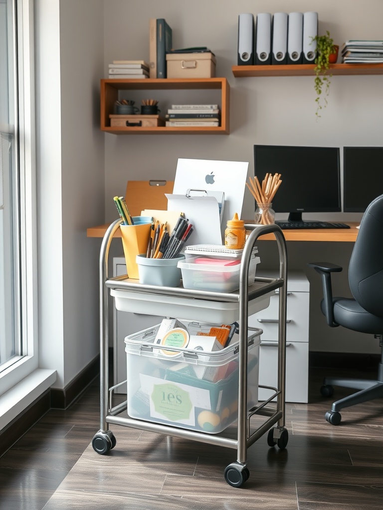 25 Smart Storage Solutions for a Stylish Home Office 9 A mobile storage cart in a home office with office supplies organized on it.