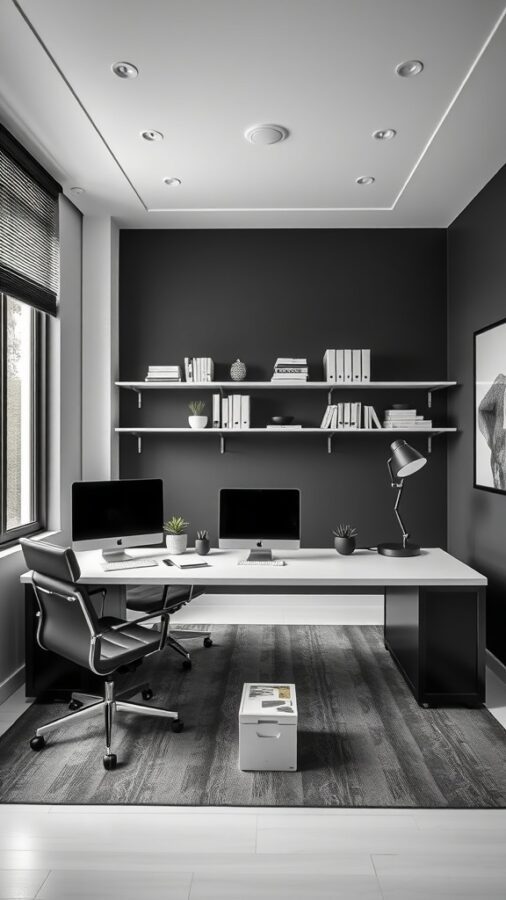 25 Stylish Home Office Ideas to Reflect Your Personality 15 A modern monochrome workspace featuring a black wall, white desk, two computers, and minimal decor.