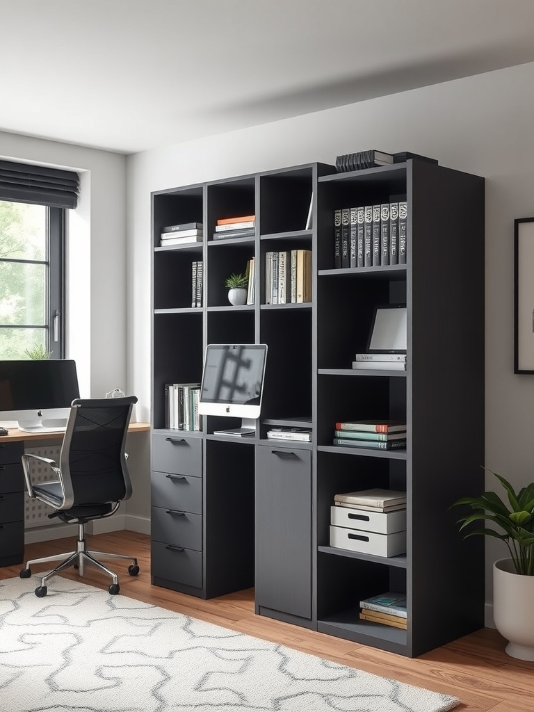 25 Smart Storage Solutions for a Stylish Home Office 19 A modern home office featuring a modular storage unit with open shelves and drawers, a desk with a computer, and a comfortable chair.