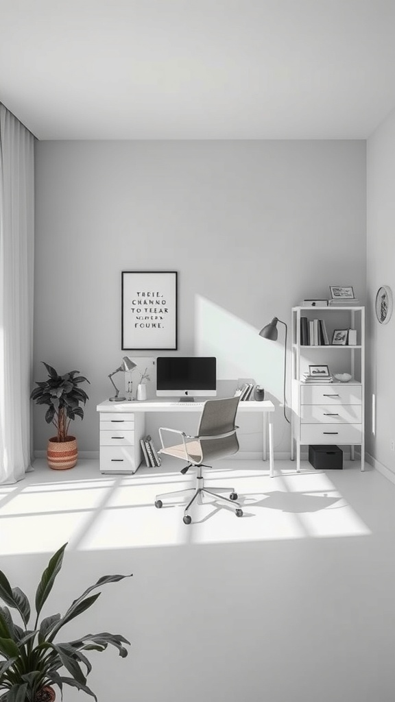 20 Minimalist Home Office Ideas for a Clutter-Free Workspace 4 A minimalist home office featuring a gray color scheme, a sleek desk, a computer, and a potted plant.