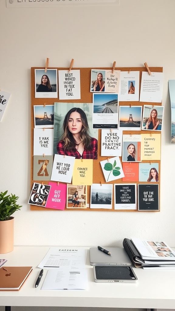 21 Creative Home Office Ideas to Boost Your Productivity 13 A mood board with photos, quotes, and colorful cards pinned to a corkboard, showcasing a personal and creative workspace.