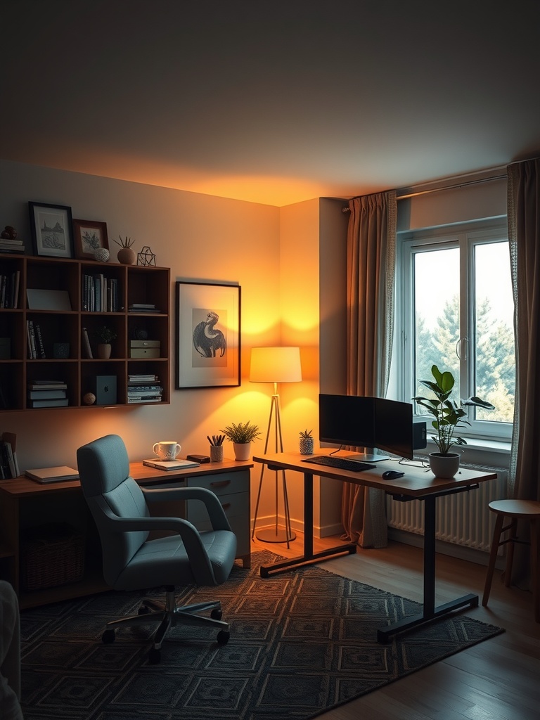30 Inspiring Home Office Ideas for Remote Work Success 18 Cozy home office with warm lighting, a desk, and plants.