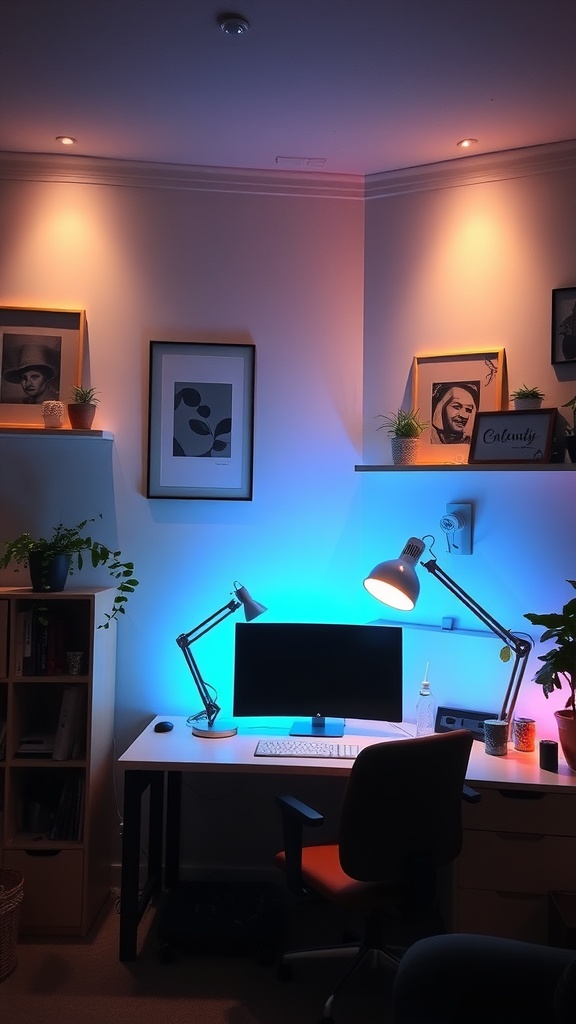 19 Inspiring Home Office Ideas You Need to Try 18 A modern home office with mood lighting, featuring a desk, computer, and decorative plants.
