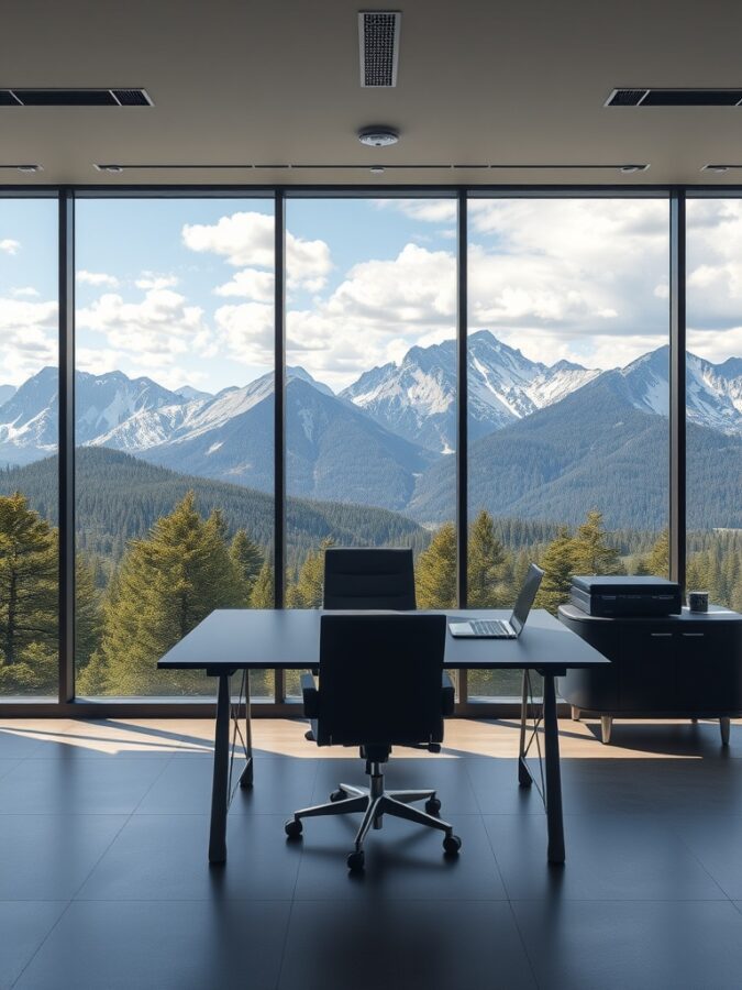 13 Inspiring Home Office Ideas with Stunning Views 6 A modern office space with large windows showcasing a mountain view, featuring a desk, chair, and laptop.