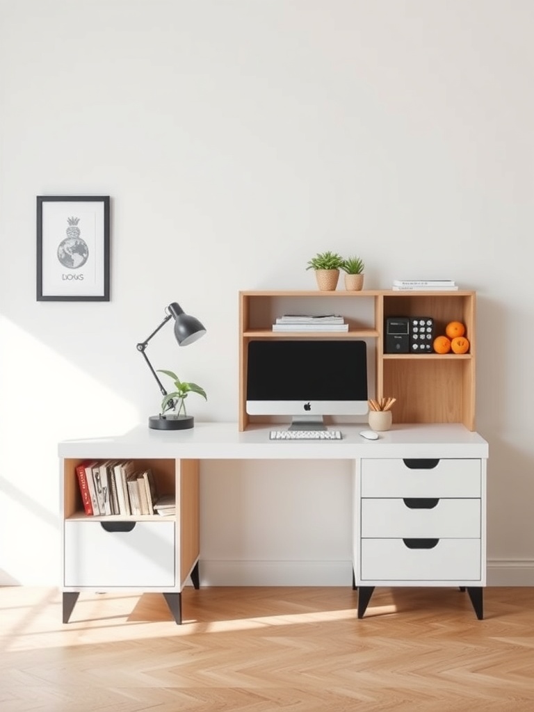 25 Smart Storage Solutions for a Stylish Home Office 6 A modern home office setup featuring a sleek desk with storage drawers, a computer, and decorative plants.