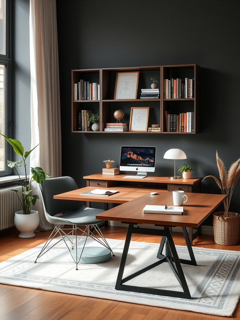 20 Creative and Affordable Home Office Ideas for Any Budget 18 A modern home office featuring a wooden desk, stylish chair, and wall-mounted shelves, showcasing multi-functional furniture.