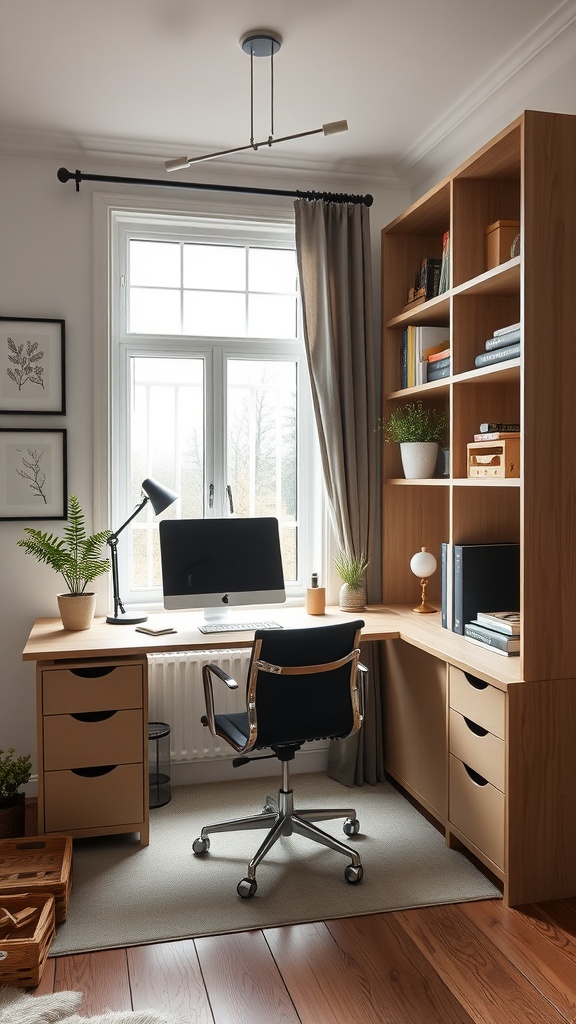21 Creative Home Office Ideas to Boost Your Productivity 9 A modern home office with a corner desk, comfortable chair, and natural light from a large window.