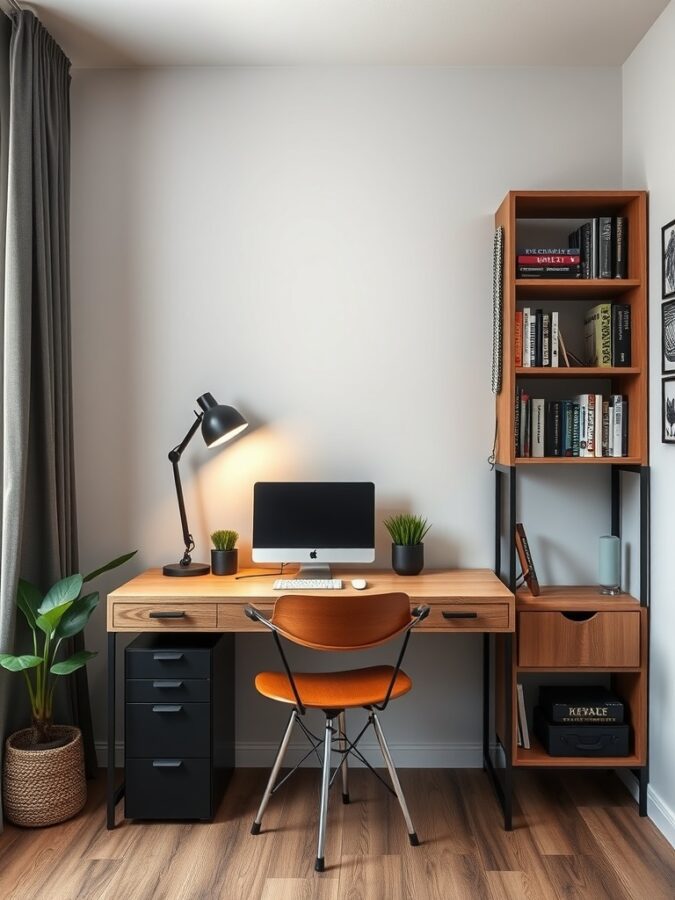 26 Cozy Home Office Ideas for Ultimate Comfort 24 A modern home office setup featuring a wooden desk, an orange chair, a bookshelf, and plants.
