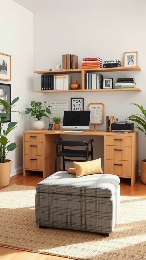 21 Smart Home Office Ideas That Also Make Cozy Guest Rooms 16 A cozy home office with a desk, computer, and multi-functional ottoman.