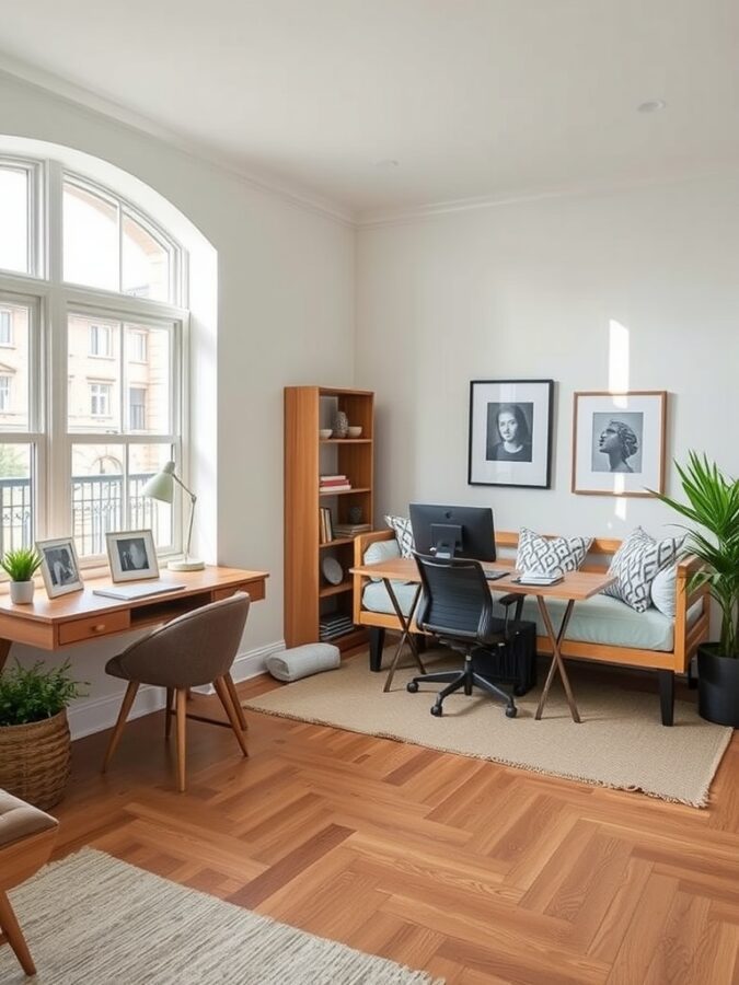 19 Stunning Home Office Ideas to Make a Bold Statement 8 A multi-functional home office space featuring a desk and a cozy seating area.