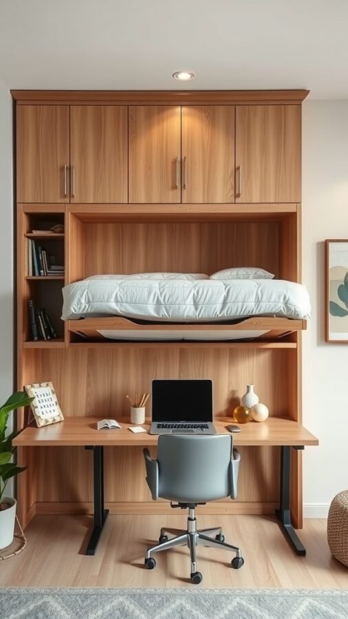 21 Smart Home Office Ideas That Also Make Cozy Guest Rooms 6 A modern home office featuring a Murphy bed that folds down from the wall, with a desk and chair set up underneath.