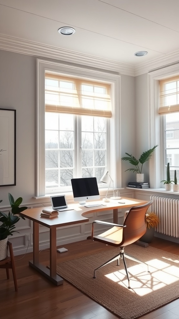 20 Minimalist Home Office Ideas for a Clutter-Free Workspace 6 A bright home office with large windows, a wooden desk, and plants, emphasizing natural light.