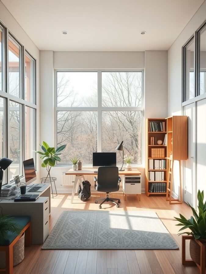 26 Cozy Home Office Ideas for Ultimate Comfort 28 Bright home office with large windows, plants, and a desk setup