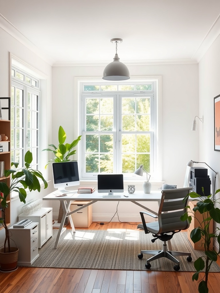 30 Inspiring Home Office Ideas for Remote Work Success 4 A bright home office with large windows, plants, and a modern desk setup.