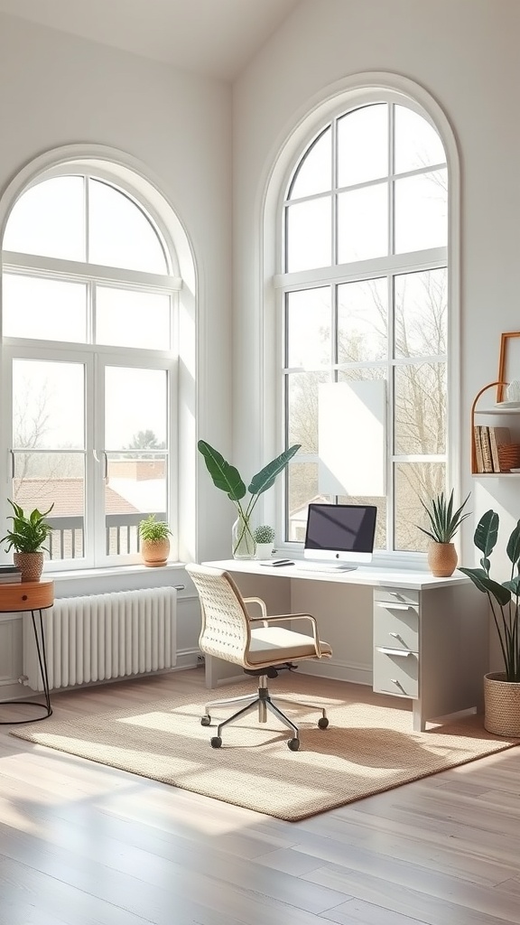 19 Inspiring Home Office Ideas You Need to Try 16 A bright home office with large windows, a desk, and plants.
