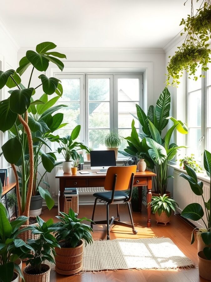 15 Inspiring Home Office Ideas for a Productive Workspace 5 A bright home office filled with various plants, featuring a wooden desk and a modern chair.