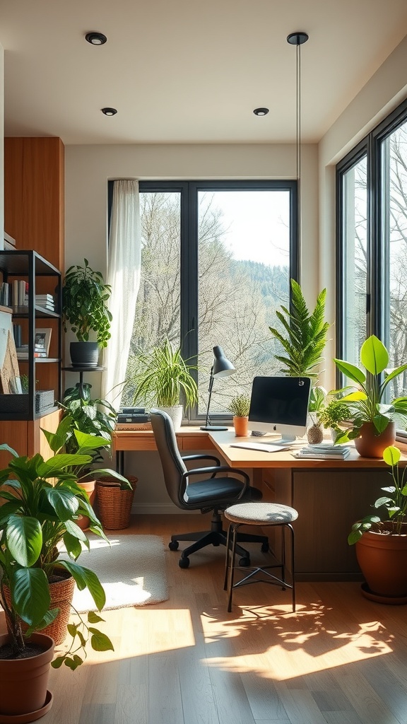 15 Inspiring Home Office Ideas to Match Every Personality 6 A bright home office with large windows, plants, and a wooden desk.