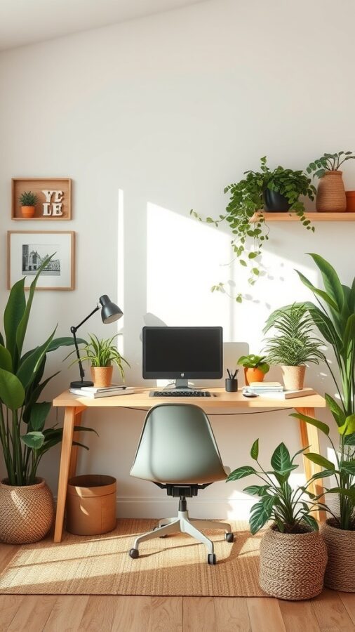 25 Stylish Home Office Ideas to Reflect Your Personality 10 A bright home office with a wooden desk, computer, and various potted plants creating a nature-inspired workspace.