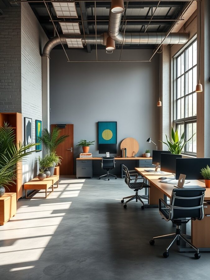 19 Inspiring Home Office Ideas with Industrial Flair 17 A modern home office featuring a neutral color palette with bold accents, showcasing large windows, plants, and industrial elements.