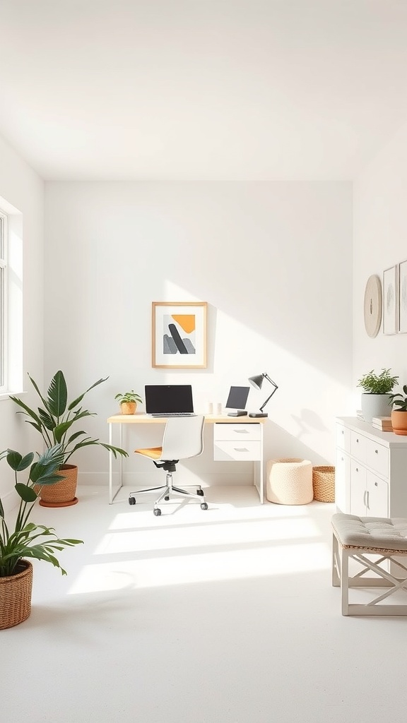 20 Minimalist Home Office Ideas for a Clutter-Free Workspace 3 A minimalist home office with a neutral color palette, featuring a desk, plants, and natural light.