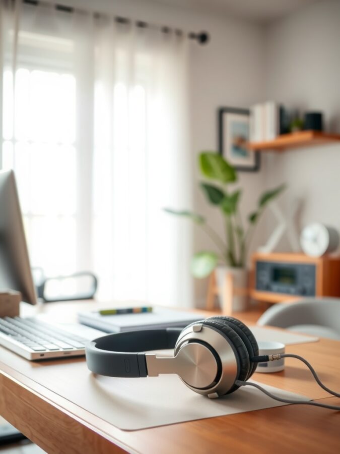 26 Cozy Home Office Ideas for Ultimate Comfort 8 A pair of noise-canceling headphones on a wooden desk in a bright home office setting.