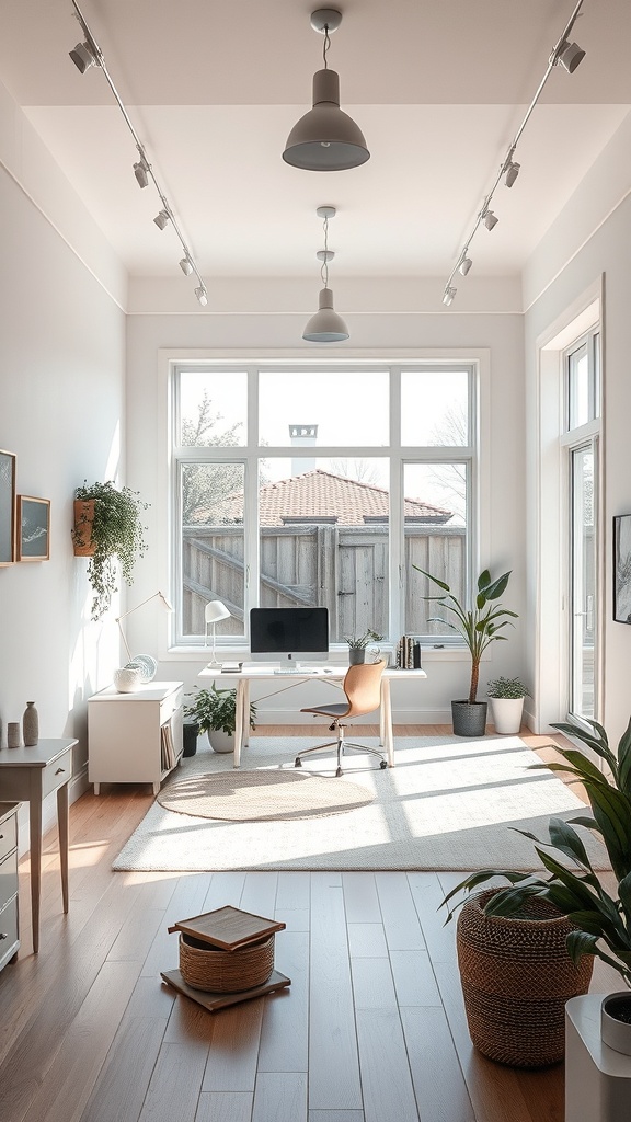 20 Minimalist Home Office Ideas for a Clutter-Free Workspace 16 A bright and airy home office with large windows, minimalist furniture, and plants.