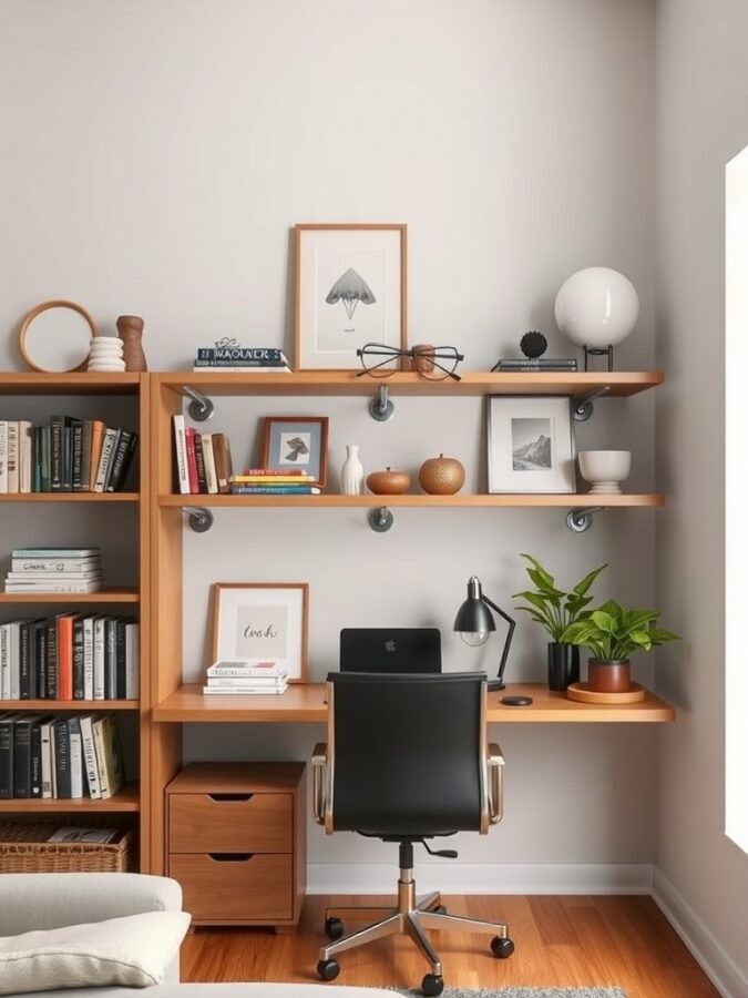 19 Inspiring Home Office Ideas with Industrial Flair 8 Home office with open shelving and metal accents, featuring a wooden desk, books, and decorative items.