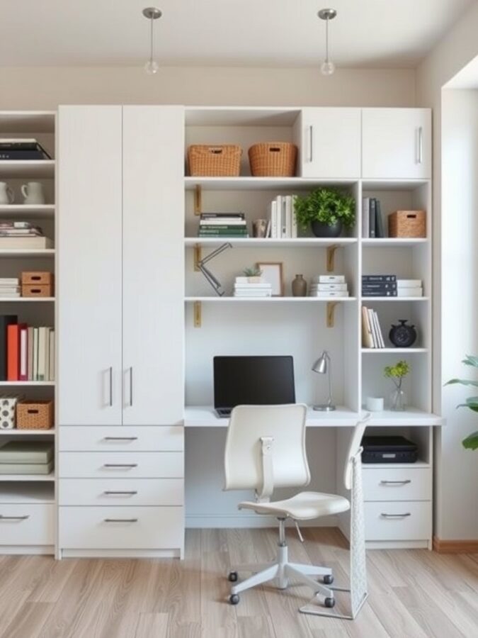 16 Inspiring Home Office Ideas for Enhanced Focus and Productivity 16 A modern home office with organized storage solutions, featuring a desk, computer, and shelves with books and decorative items.