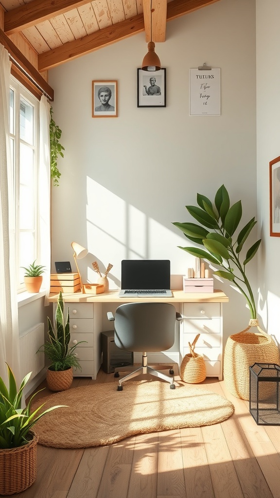 19 Inspiring Home Office Ideas You Need to Try 20 A bright home office with a desk, computer, plants, and natural decor.